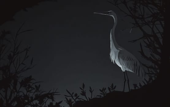 A white water bird with feathers, wings, and a long neck is perched on a twig among dark trees in a natural landscape