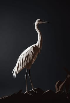 A white Pelecaniformes seabird with a long beak and strong wings is perched on a rock in the darkness, resembling a Ciconiiformes crane in its terrestrial habitat
