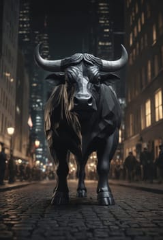 A metal statue of a bull stands on a city street at night, contrasting with the darkness. The symmetrical building in the background reflects in the water nearby