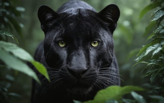 A carnivorous felidae with whiskers, a black panther, is eyeing the camera in the jungle. This big cat is standing among grass and trees