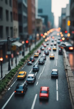 A convoy of motor vehicles navigating through the cityscape of buildings and infrastructure along the asphalt thoroughfare in the urban neighborhood