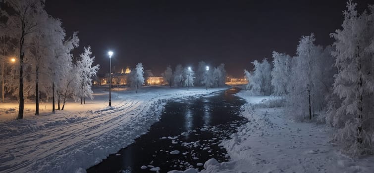 A freezing snowy road at midnight with a street light illuminating the dark landscape, creating a mesmerizing geological phenomenon in the sky