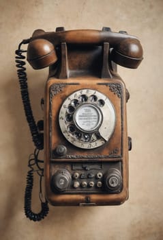 A nostalgic moment frozen in time with a classic brown rotary phone resting on a wooden surface.