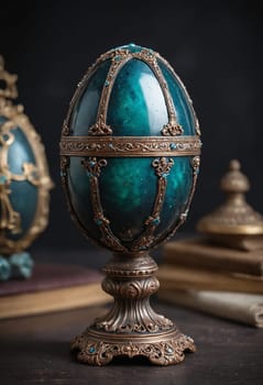 An electric blue egg ornament rests on a brass stand, serving as a striking piece of body jewelry on a table, blending metal and glass art