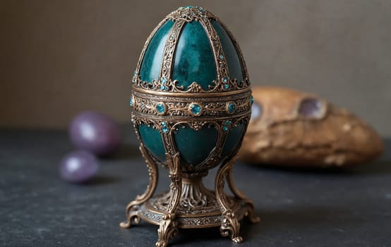 a green egg is sitting on top of a wooden table . High quality