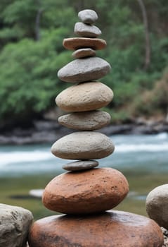 A stack of rocks beside a flowing river, creating a natural landscape with a balance of elements like water, wood, grass, and terrestrial plants