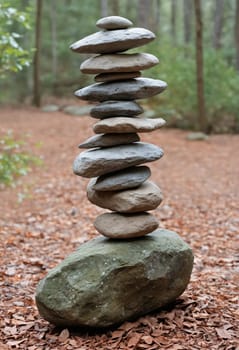 A stack of rocks sits atop each other in the serene woods, surrounded by terrestrial plants and evergreen trees, creating a natural landscape