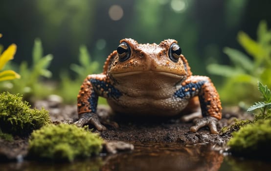 A closeup shot of a True toad sitting on a rock. This terrestrial amphibian blends in with the surrounding grass. Perfect for macro photography enthusiasts
