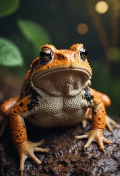 A closeup of a true frog, a terrestrial animal and amphibian, sitting on the ground in its natural habitat within nature. The organism is surrounded by plants