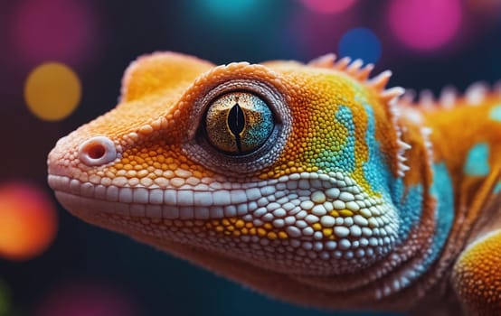 Closeup of a dragon lizards face against a colorful background, showcasing the intricate details of this terrestrial animal. Perfect for wildlife and macro photography enthusiasts
