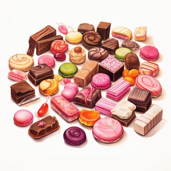 Composition with Chocolate, Candies, Macaroons and Sweets on White Background. Colorful Illustration.