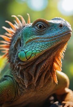 A closeup image of a vibrant iguana, a species of terrestrial lizard from the family Iguanidae, with its mouth wide open, showcasing its electric blue scaled reptile features