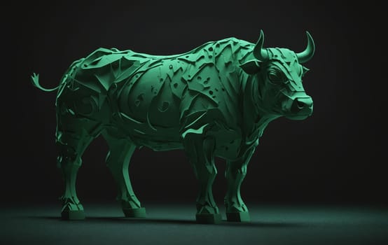 A sculpture of a low poly bull, a working animal commonly used in agriculture, with prominent horns and a detailed snout, set against a black background