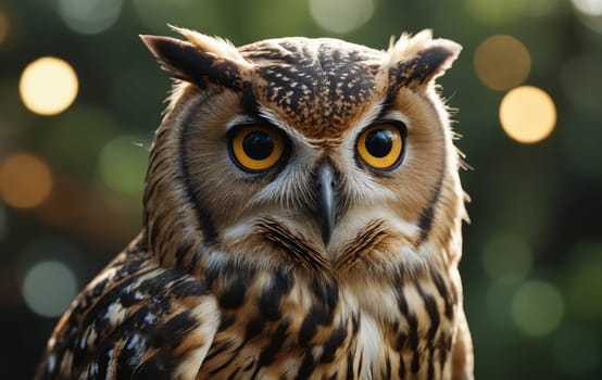 The penetrating gaze of an owl is beautifully juxtaposed with a field of sparkling bokeh lights in the background.