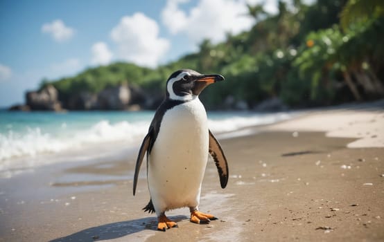 A peaceful yet striking image of a singular Gentoo Penguin, centered on a quiet beach, depicting the elegance of wildlife.