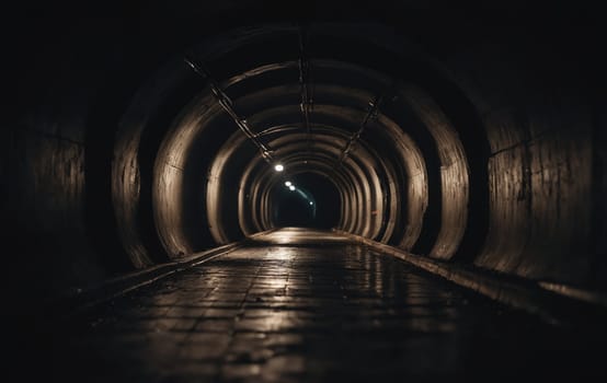 An atmospheric image featuring a long tunnel dramatically lit with side lights. The slightly wet asphalt surface offers an added dimension to the already mystic pathway.