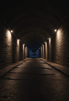 Experience a hypnotic journey through an illuminated tunnel. The side lights, overexposed, appear to guide the way on the slightly wet asphalt floor.