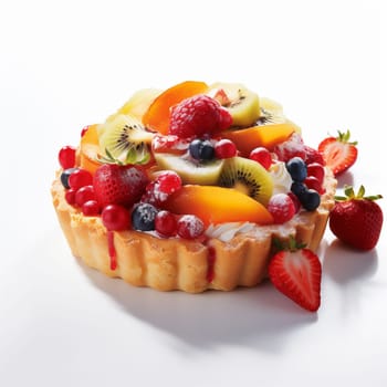 Tasty Fruit Pie on White Background. Fruit Tart with Fresh Fruits and Berries, Strawberry, Blueberry, Peach, Kiwi, Raspberry, Lingonberry, Red Currant, Black Currant.