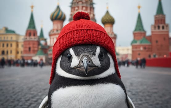An endearing sight of a small penguin fully decked out in winter gear, exploring a brick pathway in a town with red, medieval-styled constructions as backdrop.