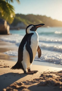 A penguin, typically a resident of colder regions, is artistically depicted journeying across a sandy beach. The crisp image stirs imagination with a surreal merge of reality and fiction.