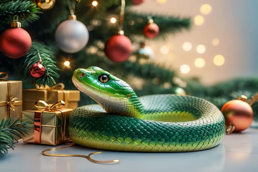 New Year snake with gifts under the Christmas tree, New Year card .