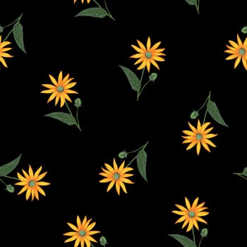 Topinambur Flower Seamless Pattern. Hand Drawn Floral Digital Paper on Black Background.