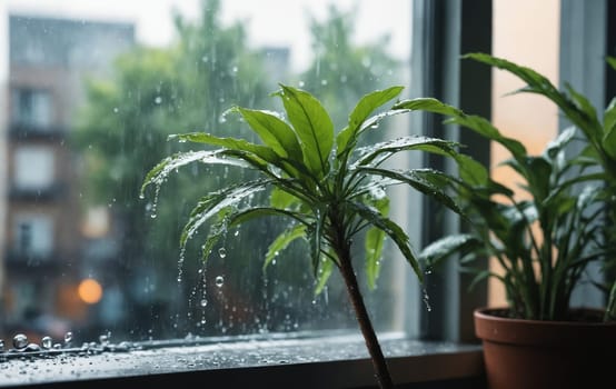 This serene image captures a rain-soaked indoor plant by a window, encapsulating a moment of quiet beauty amidst a downpour outside.