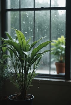 Experience the calming effect of a rainy day in this image of an indoor plant gently wet from the rain, sitting by a window. Harmony between mother nature and home living at its finest.