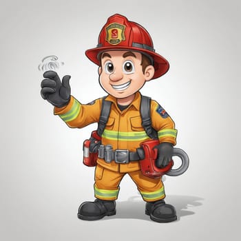 Firefighter clad in fire-resistant gear, helmet to boots, poised for emergency response with radio device at the ready.