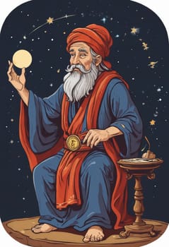 Amidst cosmic imagery and celestial orbs, the blue-robed individual studies ancient knowledge with a traditional quill.