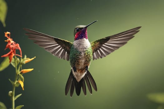 This image beautifully captures a Ruby-throated Hummingbird - a marvel of nature known for its iridescent green feathers and bright ruby-red throat. Perfect for use in environmental education or bird-watching content.