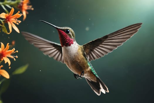 An image featuring a Ruby-throated Hummingbird darting through the air with agility and grace, a true spectacle of nature's brilliance. Ideal for uses related to conservation and wildlife appreciation.