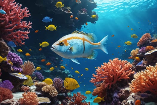 Featuring a vivid coral reef scene, this image offers a glimpse into the underwater world and its astonishing diversity. Ideal for use in content related to ocean conservation, marine life and scuba diving.
