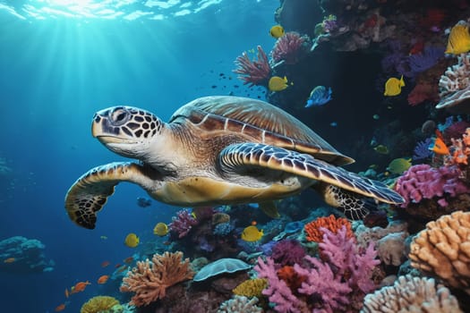 An image exhibiting a sea turtle in its natural marine habitat, evoking a sense of wonder and respect for nature s marvels. Perfect for use in educational content or documentaries about marine biodiversity.