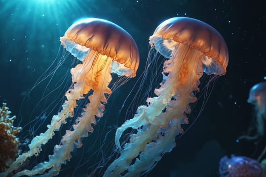 Jellyfish with translucent, bell-shaped bodies bask in an amber glow, floating against the deep blue of the ocean.