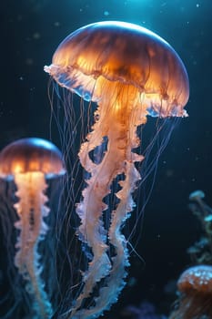 Jellyfish with translucent, bell-shaped bodies bask in an amber glow, floating against the deep blue of the ocean.