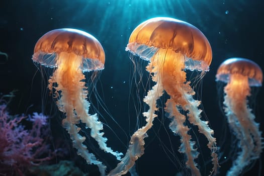In the ocean's embrace, a group of jellyfish perform an elegant ballet, illuminated in a warm, entrancing light.