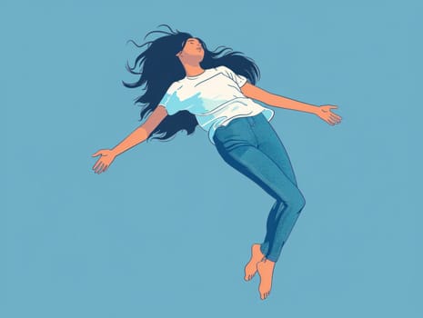 Woman in white tshirt and blue jeans flying through the air in a fashionable and artistic composition of movement