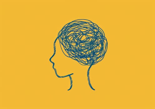 Abstract portrait of woman with blue scribble on yellow background, representing creativity, beauty, and art through minimalist design concept