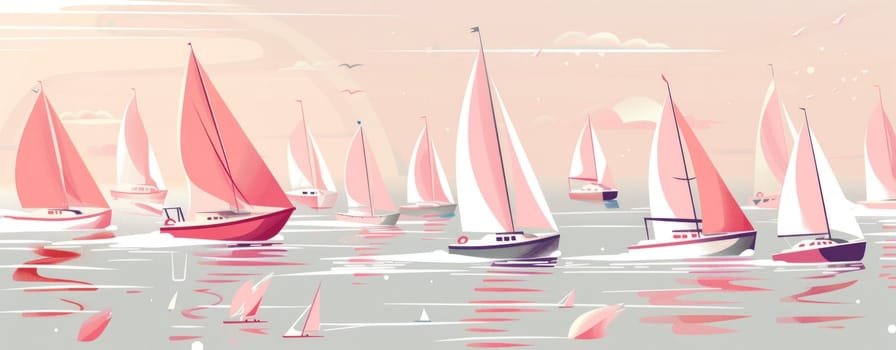 Sailboats on water tranquil pink and white seascape with clouds in background for travel and relaxation inspiration