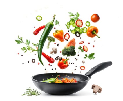 Cooking with flying vegetables on white background a culinary adventure in healthy eating