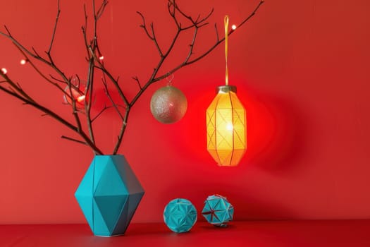 Vase with tree branch and light bulb on red wall as a piece of art and beauty in interior design