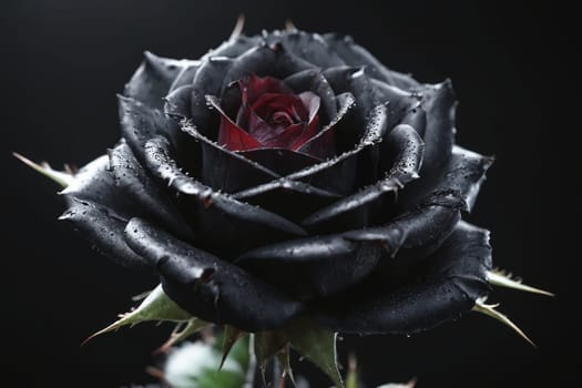 This image intimately encapsulates the beguiling beauty of a rain-kissed, somber black rose with a vibrant red core. Perfect for creating mysterious or senditmental mood boards or inspiring noir-themed designs.