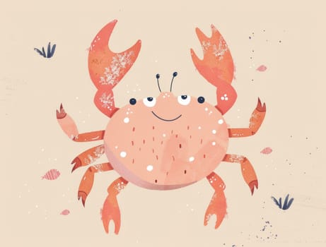 Cartoon crab with seashells and seaweed on beige background, underwater adventure wildlife illustration