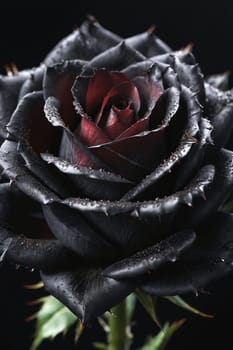 Behold the captivating beauty of contrast in this stunning close-up shot of a 'Gothic' rose complete with black petals, red core and gleaming dew drops. Ideal for luring customers in floral business or for striking book cover designs.