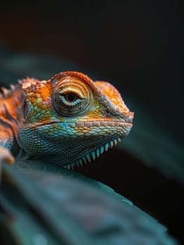 Majestic reptile with mesmerizing eyes perched on vibrant green leaf in mysterious jungle setting