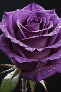This image captures the exquisite texture and color of a dew-drenched purple rose. Ideal for setting a calm or romantic mood for any medium.