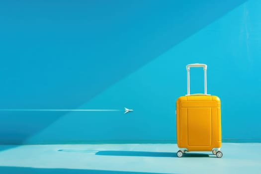 Travel in style with a vibrant yellow suitcase on blue floor with airplane passing by