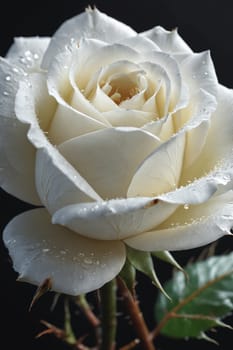 This enchanting image of a delicately wet, white rose against a dark background, beautifully captures nature's silent poetry. Perfectly suited for ads promoting natural beauty, wellness blogs or spiritual themes