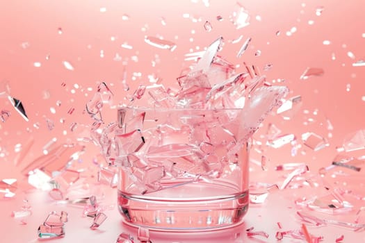 Pink liquid glass with falling broken pieces on pink background a fashionable artistic image of beauty and elegance